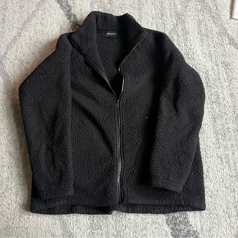 ZENANA Fluffy Zip Up Collared Fleece Sweatshirt Black Womens Large